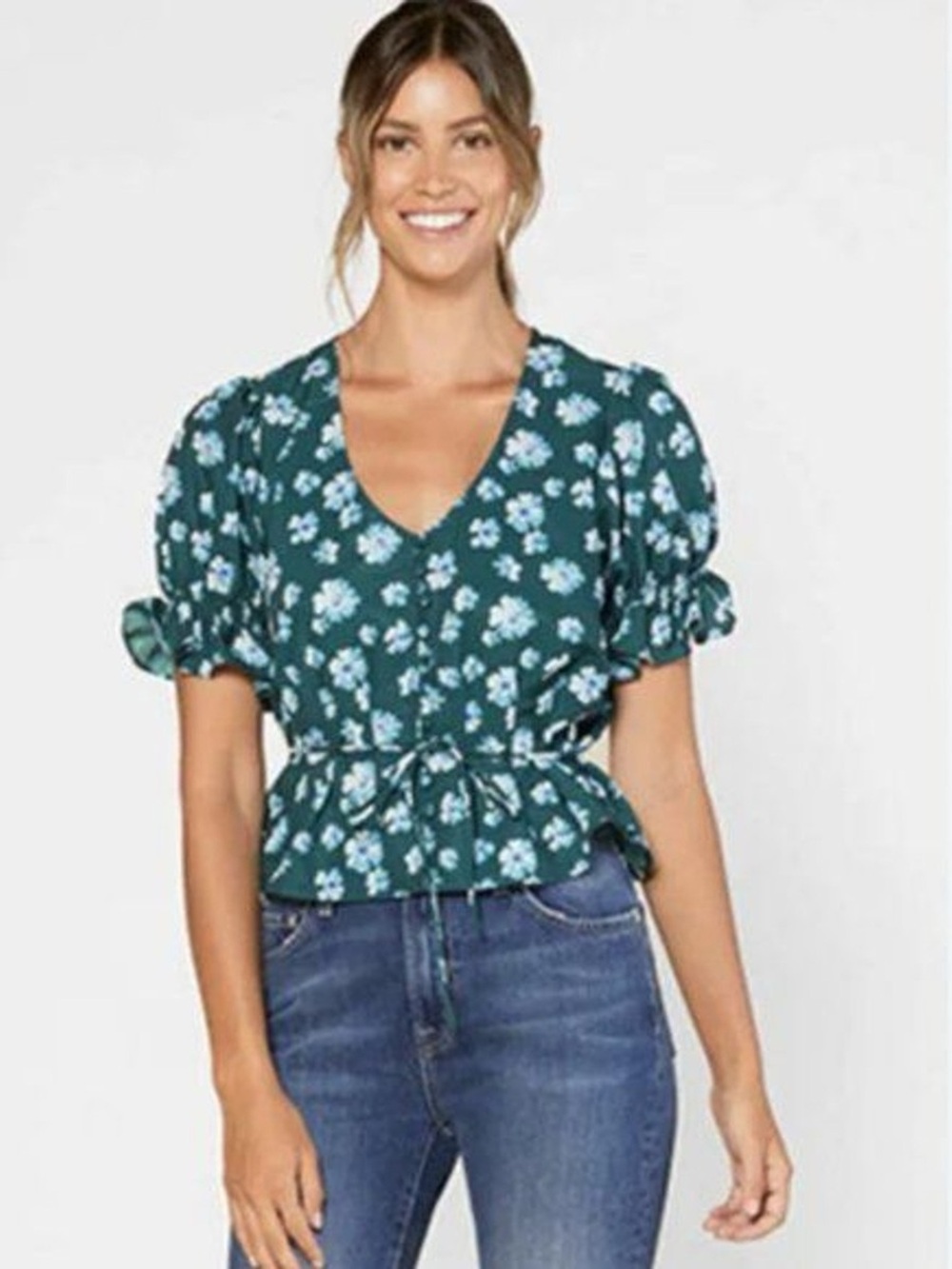 Outerknown Teal Floral Puff-Sleeve Blouse with Light Blue Flowers - Picture 2 of 3